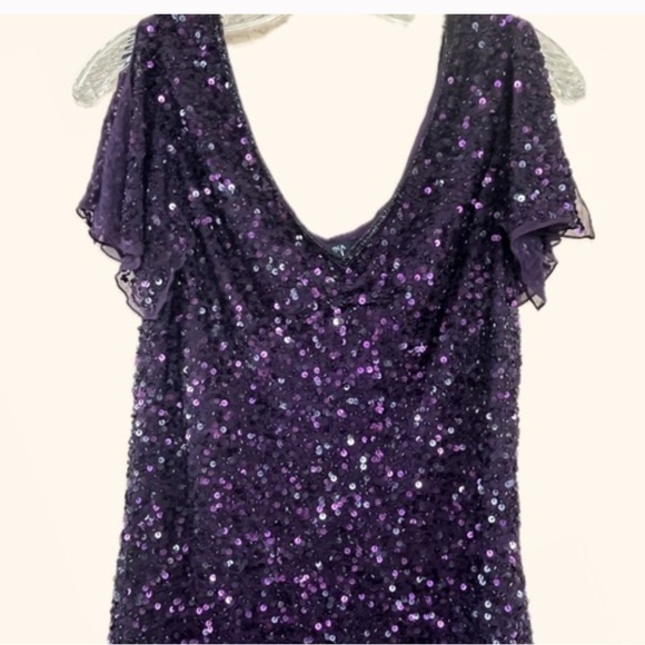 ADRIANNA PAPELL Silk Sequin Purple V Neck Formal Dressy Cocktail Top LG Wedding - Picture 4 of 17